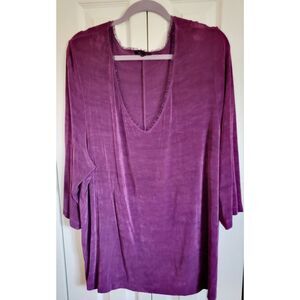 Vikki Vi‎ 3X Slinky Knit Tunic Top 3/4 Sleeve Purple Lace Deep V-Neck Vintage